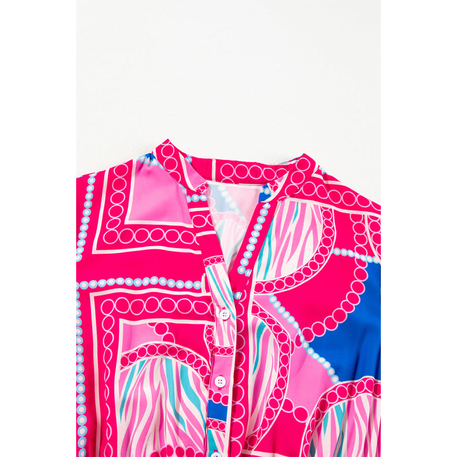 Rose Boho Abstract Printed Puff Sleeve Drawstring Waist Ruffled Mini Dress Dresses/Mini Dresses