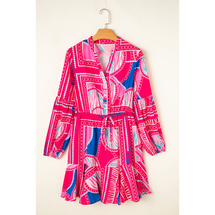 Rose Boho Abstract Printed Puff Sleeve Drawstring Waist Ruffled Mini Dress Dresses/Mini Dresses