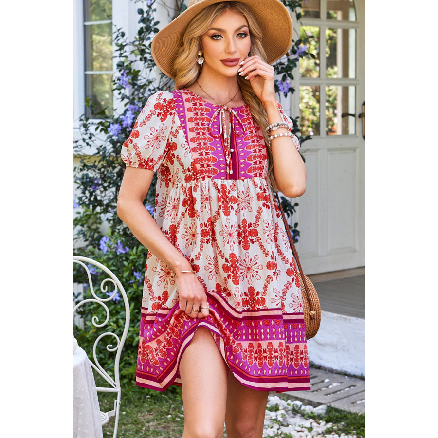 Rose Boho Floral Short Sleeve Lace-up V Neck Mini Dress Dresses/Mini Dresses