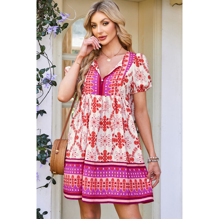 Rose Boho Floral Short Sleeve Lace-up V Neck Mini Dress Dresses/Mini Dresses