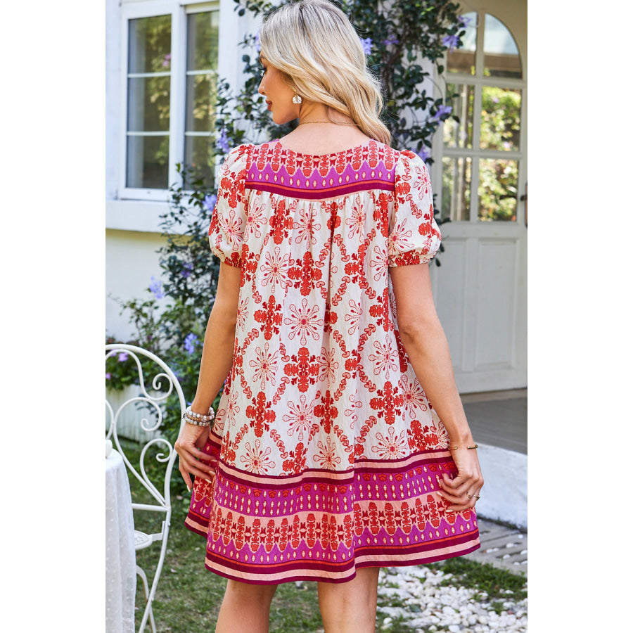 Rose Boho Floral Short Sleeve Lace-up V Neck Mini Dress Dresses/Mini Dresses