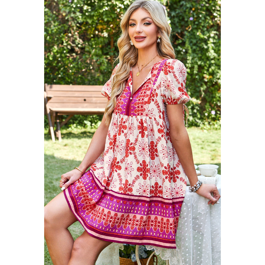 Rose Boho Floral Short Sleeve Lace-up V Neck Mini Dress Dresses/Mini Dresses