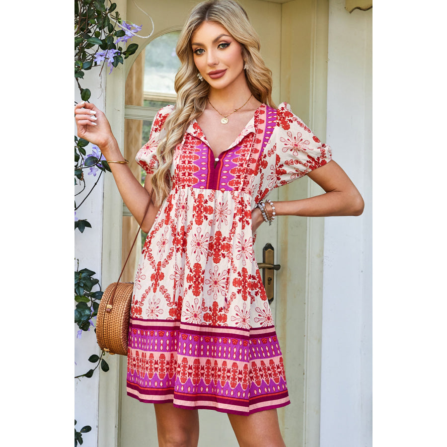 Rose Boho Floral Short Sleeve Lace-up V Neck Mini Dress Rose / S / 84% Viscose + 16% Polyamide Dresses/Mini Dresses