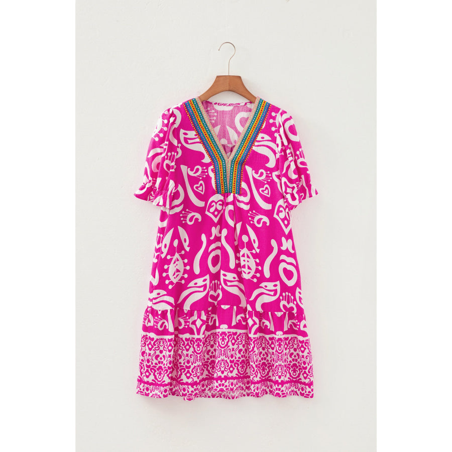Rose Boho Mixed Print Contrast Trim V Neck Short Sleeve Flared Dress Dresses/Mini Dresses