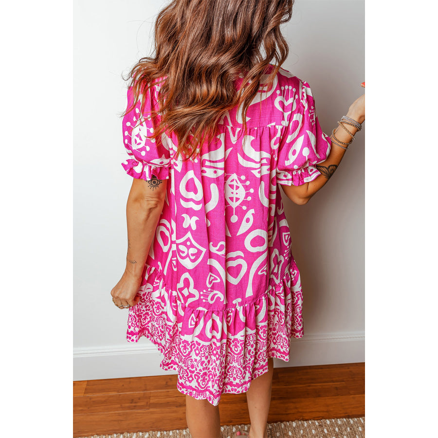 Rose Boho Mixed Print Contrast Trim V Neck Short Sleeve Flared Dress Dresses/Mini Dresses