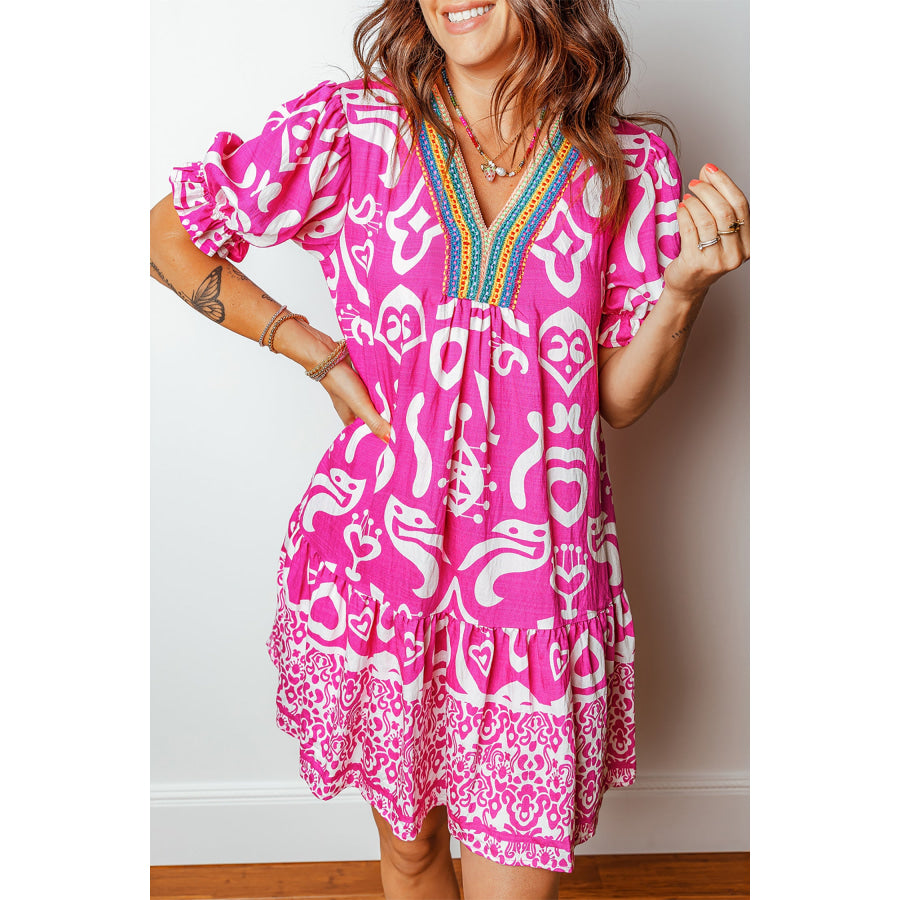 Rose Boho Mixed Print Contrast Trim V Neck Short Sleeve Flared Dress Dresses/Mini Dresses