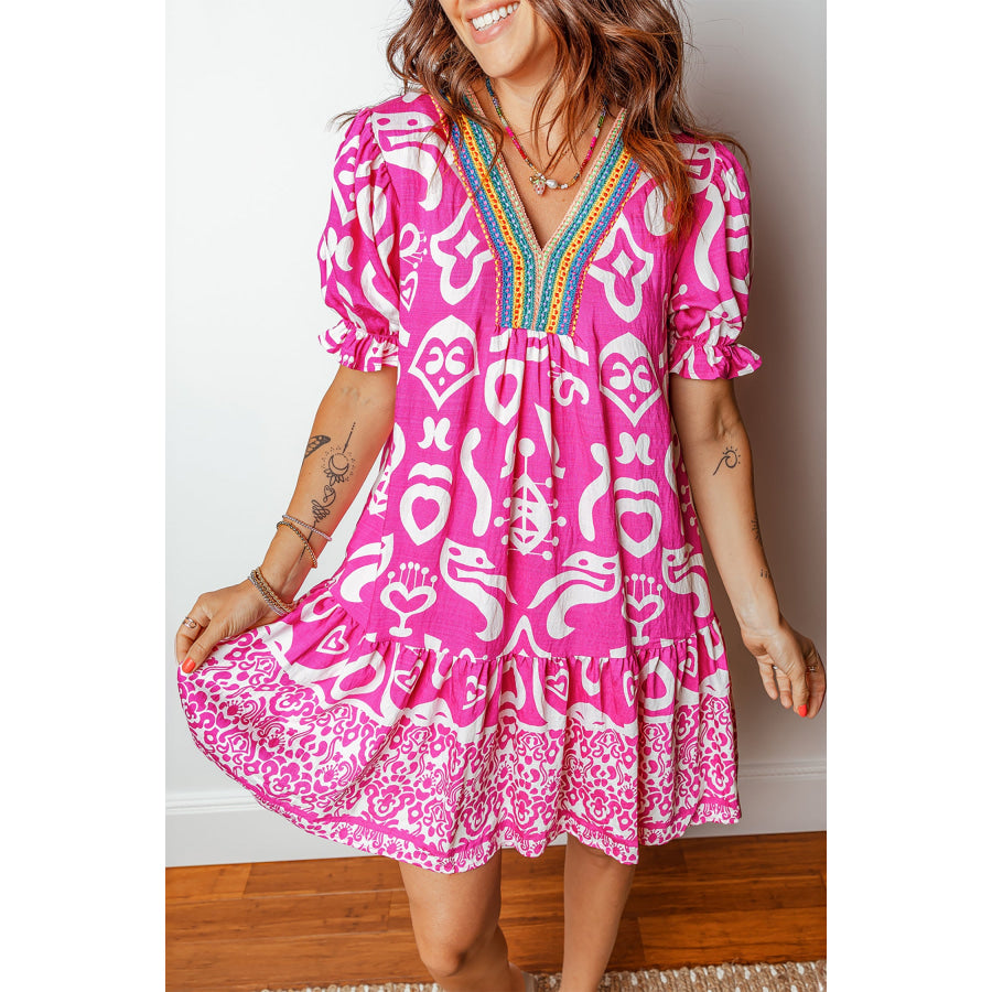 Rose Boho Mixed Print Contrast Trim V Neck Short Sleeve Flared Dress Dresses/Mini Dresses