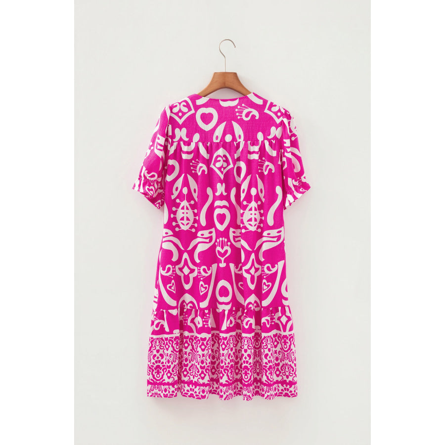 Rose Boho Mixed Print Contrast Trim V Neck Short Sleeve Flared Dress Dresses/Mini Dresses