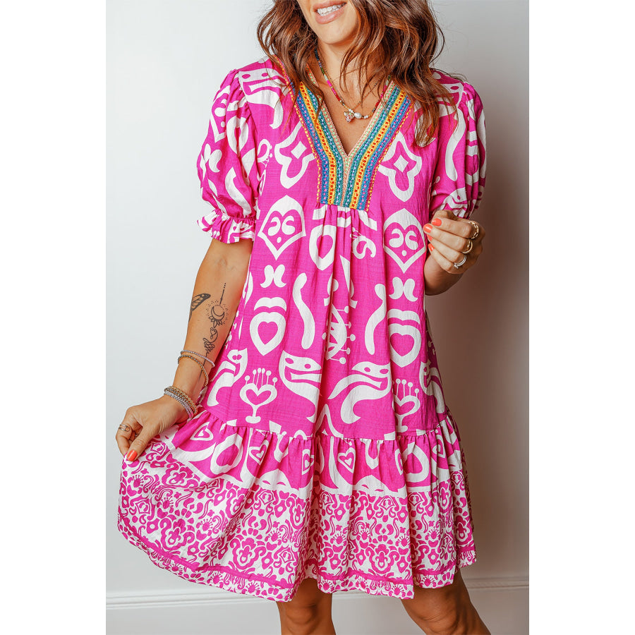 Rose Boho Mixed Print Contrast Trim V Neck Short Sleeve Flared Dress Rose / S / 89% Viscose + 11% Polyamide Dresses/Mini Dresses
