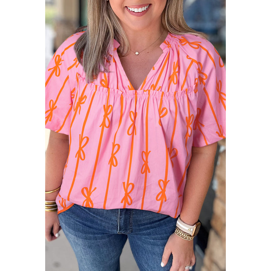 Rose Bowknot Print Shirred V Neck Puff Sleeve Plus Size Blouse Rose / 1X / 100% Cotton Plus Size/Plus Size Tops/Plus Size Blouses & Shirts
