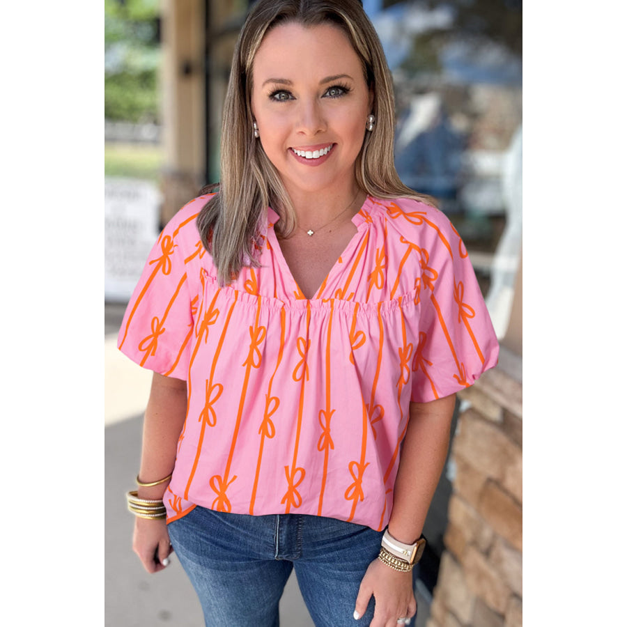 Rose Bowknot Print Shirred V Neck Puff Sleeve Plus Size Blouse Plus Size/Plus Size Tops/Plus Size Blouses & Shirts