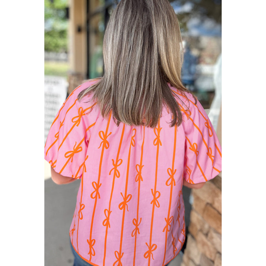 Rose Bowknot Print Shirred V Neck Puff Sleeve Plus Size Blouse Plus Size/Plus Size Tops/Plus Size Blouses & Shirts