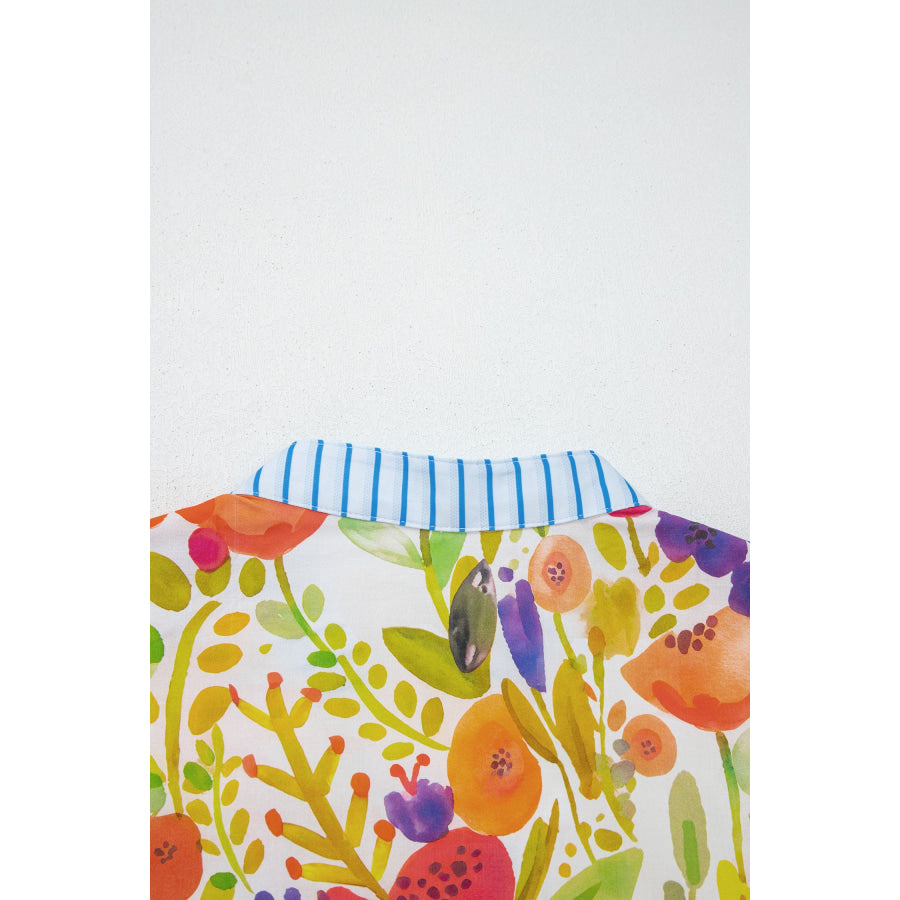 Rose Bright Floral Print Ricrac Trim Striped Patchwork V Neck Dress Dresses/Floral Dresses