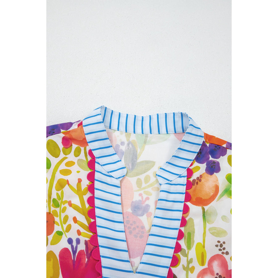 Rose Bright Floral Print Ricrac Trim Striped Patchwork V Neck Dress Dresses/Floral Dresses