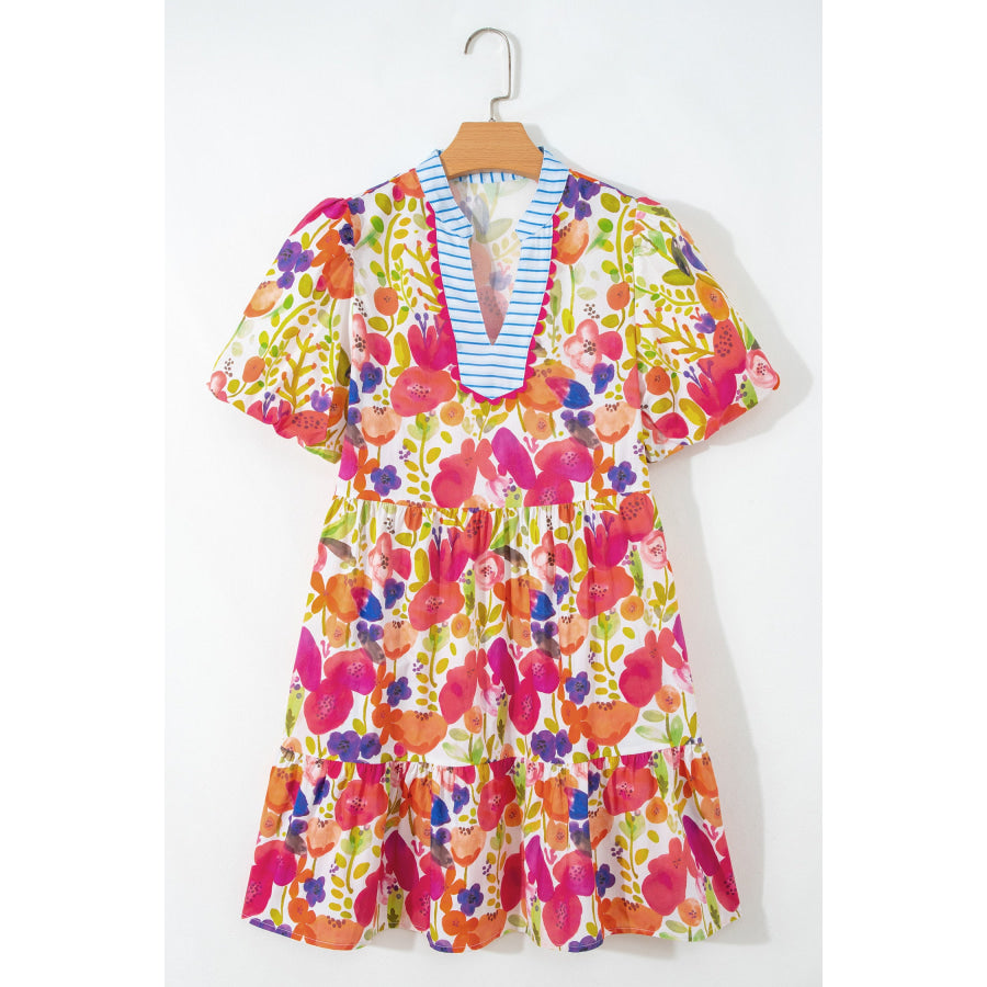 Rose Bright Floral Print Ricrac Trim Striped Patchwork V Neck Dress Dresses/Floral Dresses