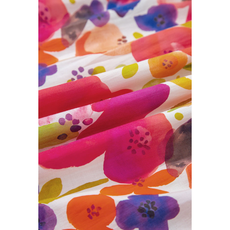 Rose Bright Floral Print Ricrac Trim Striped Patchwork V Neck Dress Dresses/Floral Dresses
