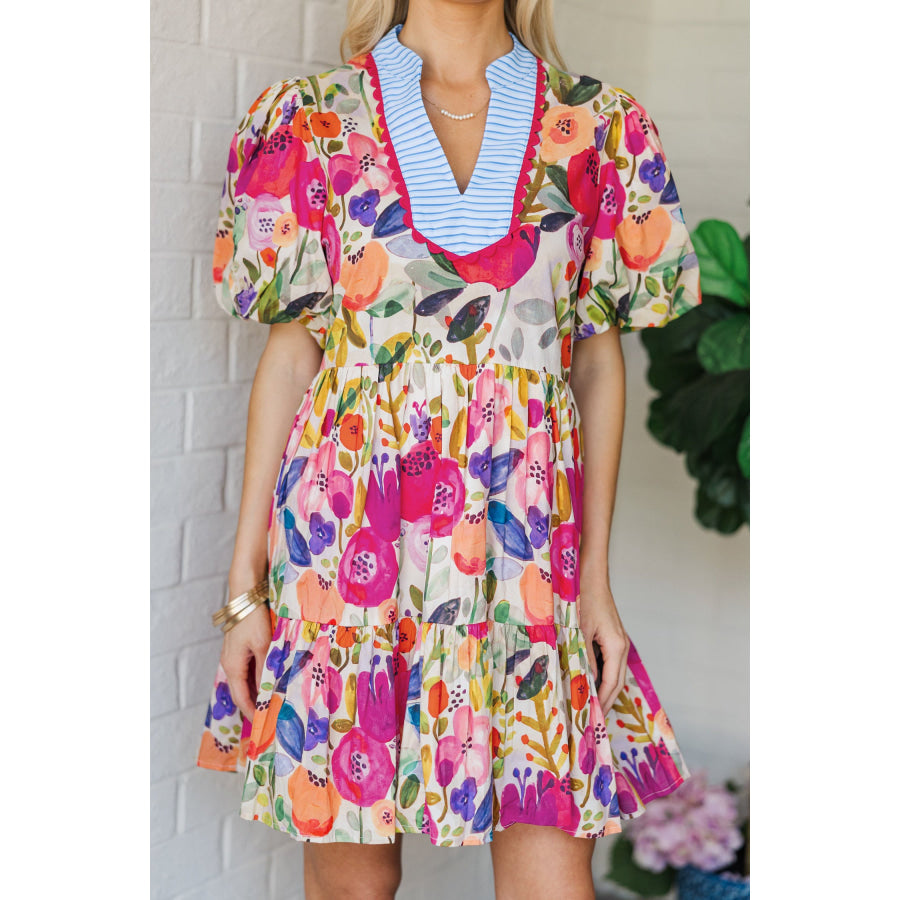 Rose Bright Floral Print Ricrac Trim Striped Patchwork V Neck Dress Dresses/Floral Dresses