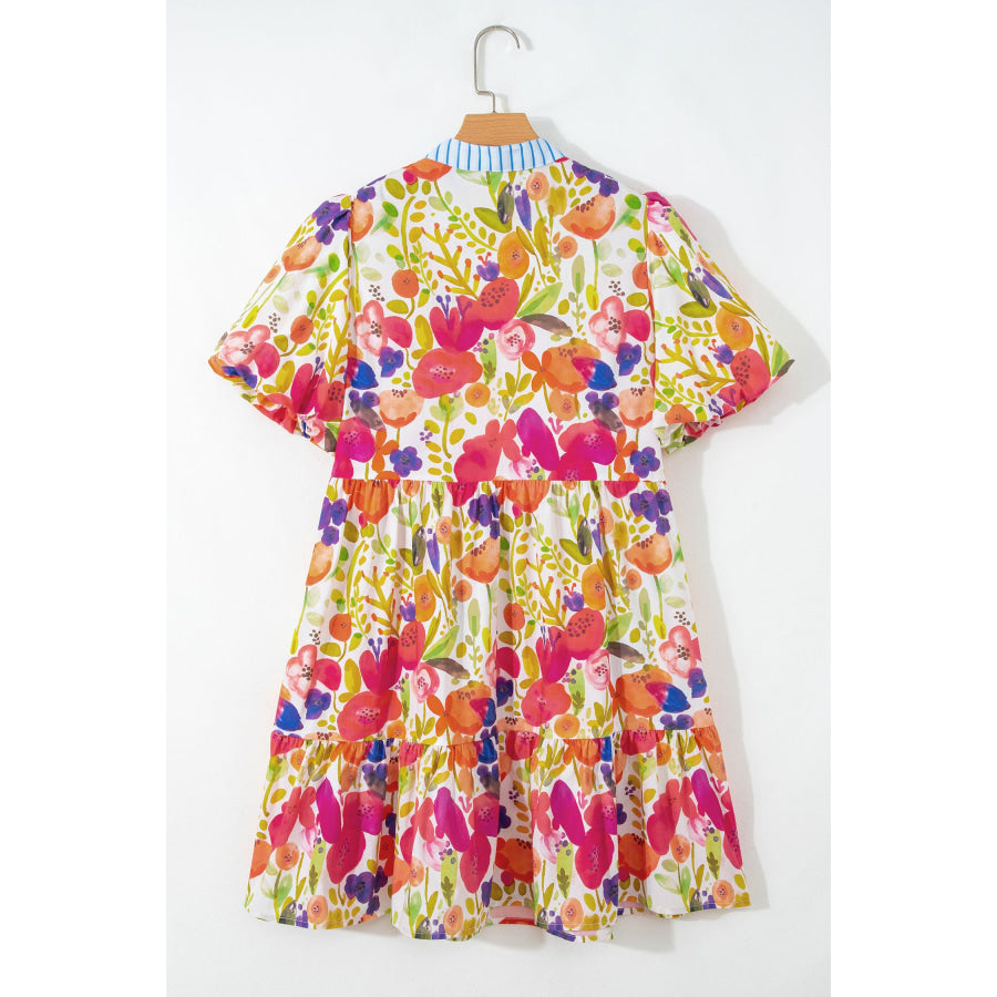 Rose Bright Floral Print Ricrac Trim Striped Patchwork V Neck Dress Dresses/Floral Dresses