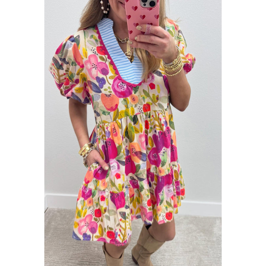 Rose Bright Floral Print Ricrac Trim Striped Patchwork V Neck Dress Rose / S / 100% Cotton Dresses/Floral Dresses