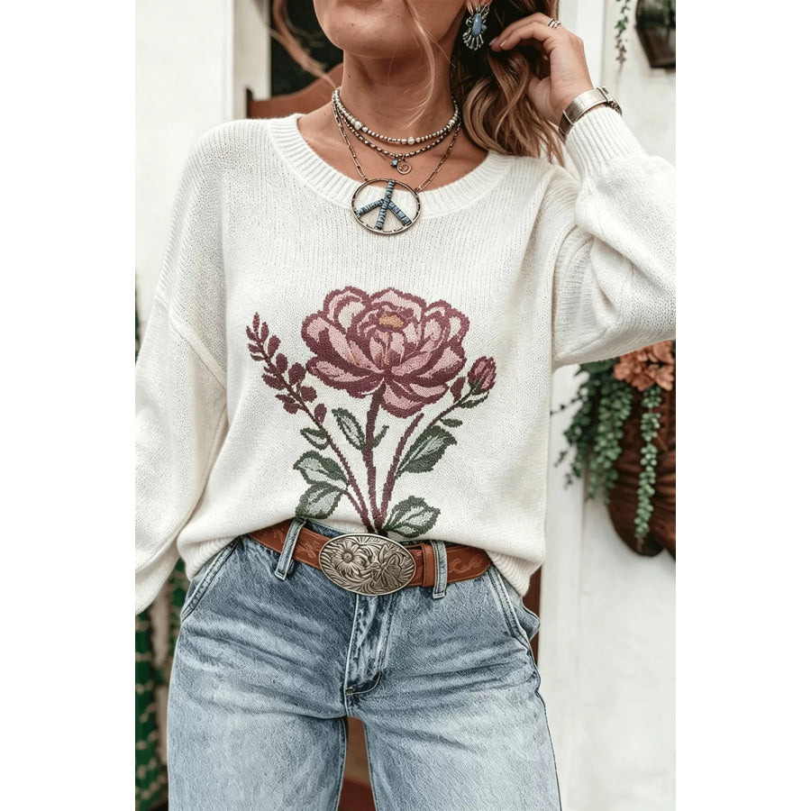 Rose Dropped Shoulder Sweater White / S Apparel and Accessories