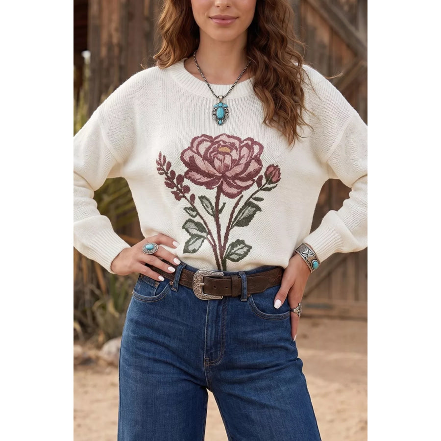 Rose Dropped Shoulder Sweater White / S Apparel and Accessories