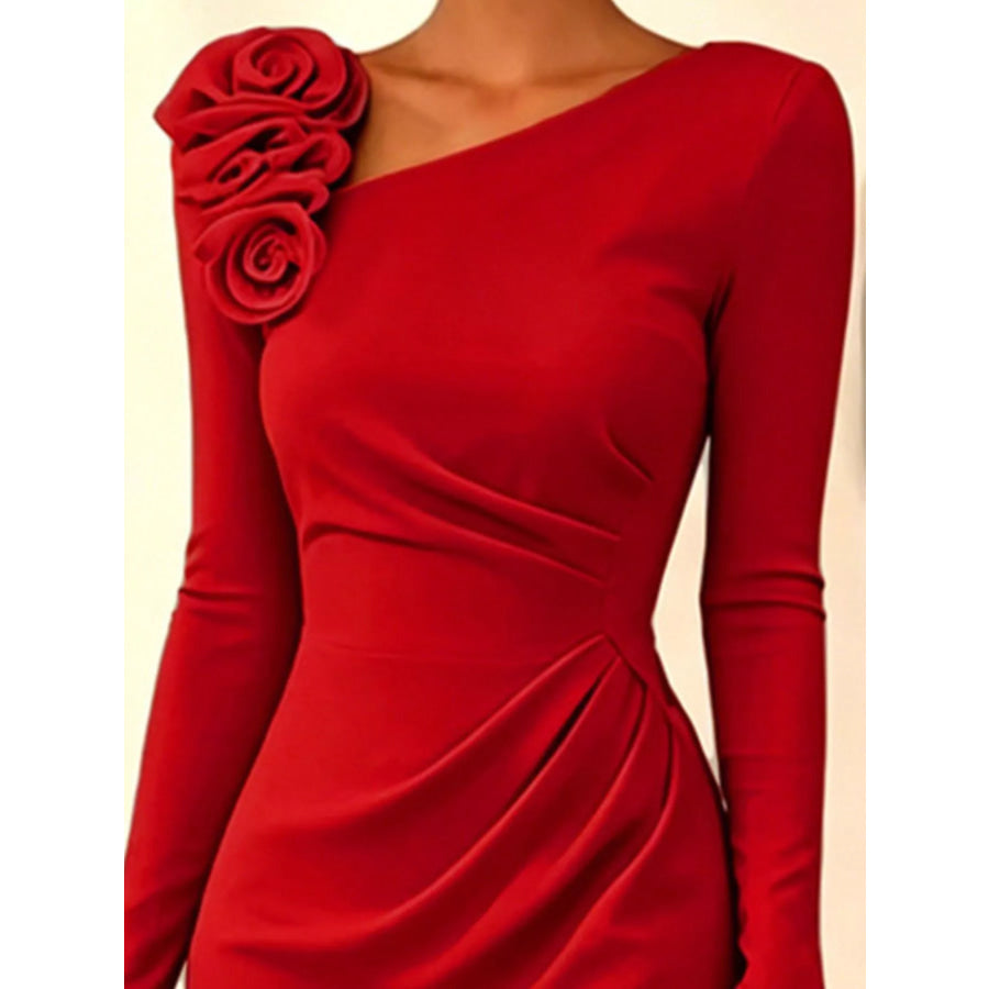 Rose Embellished Asymmetrical Neck Midi Dress Apparel and Accessories