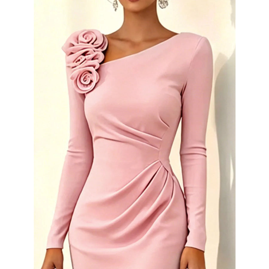Rose Embellished Asymmetrical Neck Midi Dress Apparel and Accessories