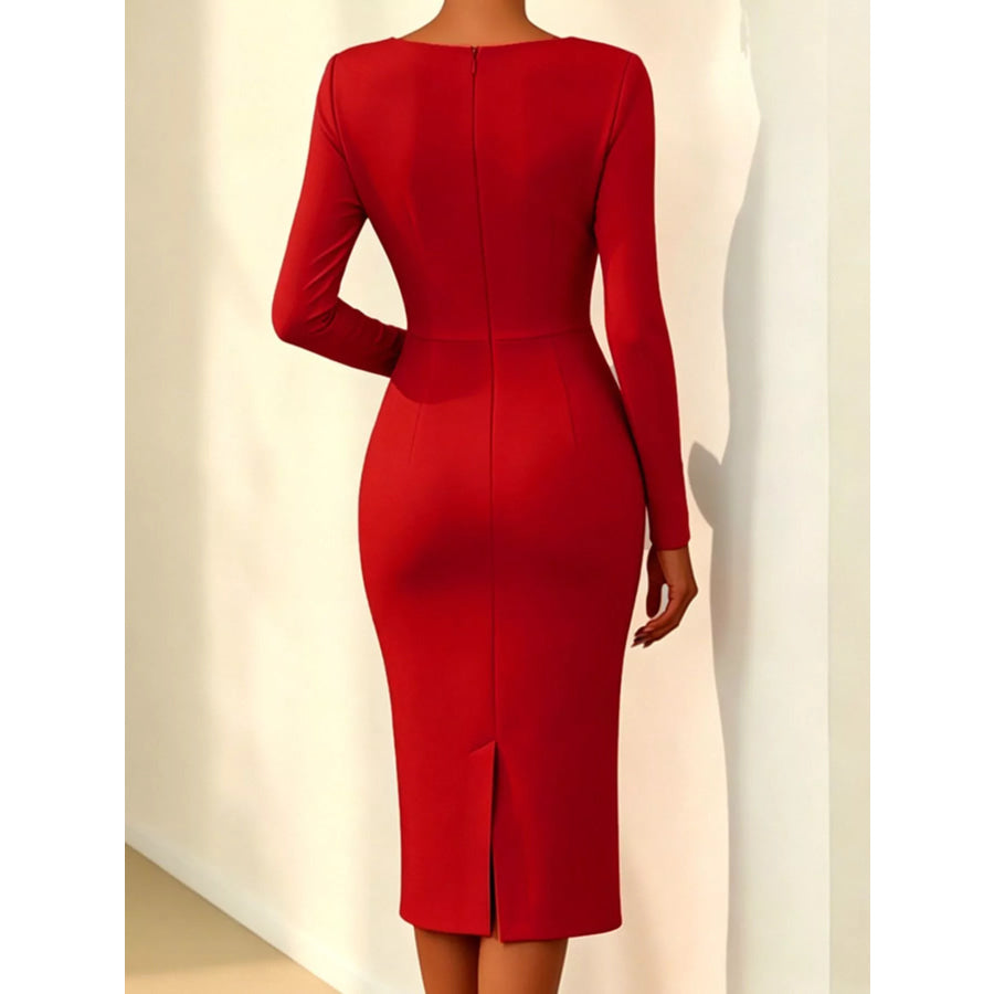 Rose Embellished Asymmetrical Neck Midi Dress Apparel and Accessories