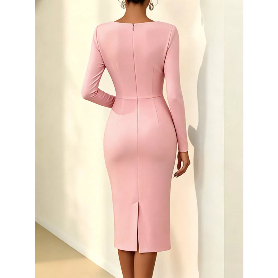 Rose Embellished Asymmetrical Neck Midi Dress Apparel and Accessories