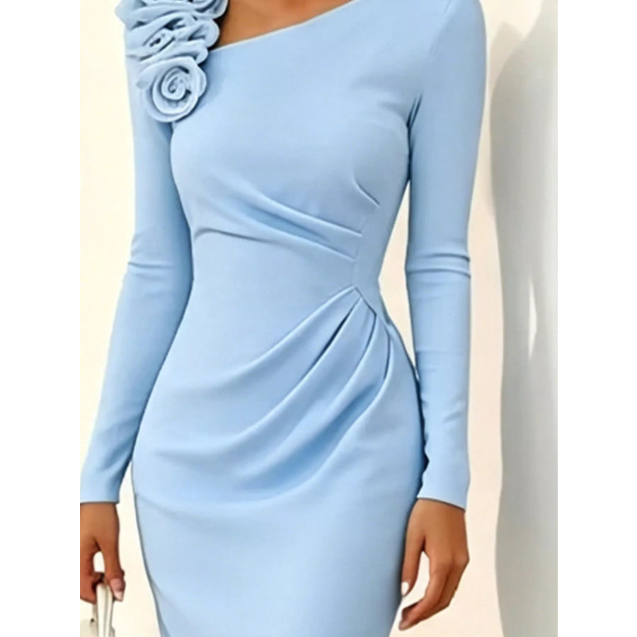 Rose Embellished Asymmetrical Neck Midi Dress Apparel and Accessories