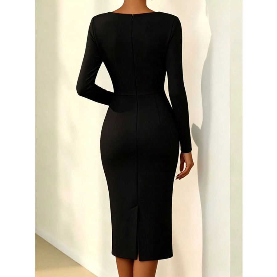 Rose Embellished Asymmetrical Neck Midi Dress Apparel and Accessories