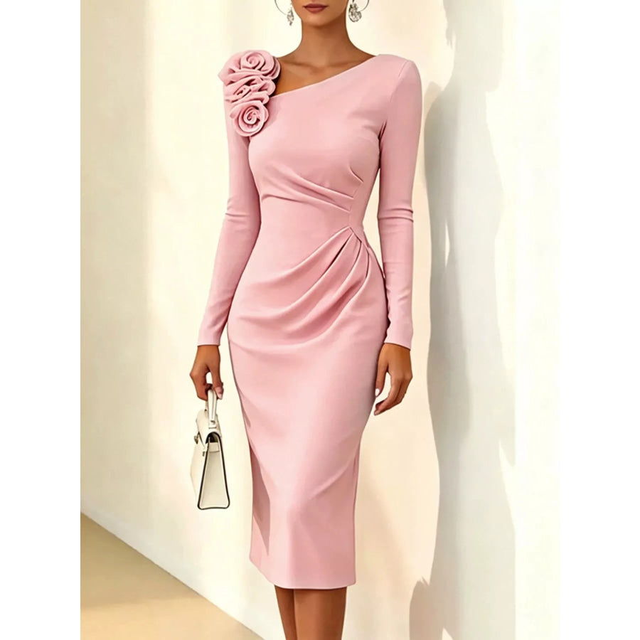 Rose Embellished Asymmetrical Neck Midi Dress Blush Pink / S Apparel and Accessories