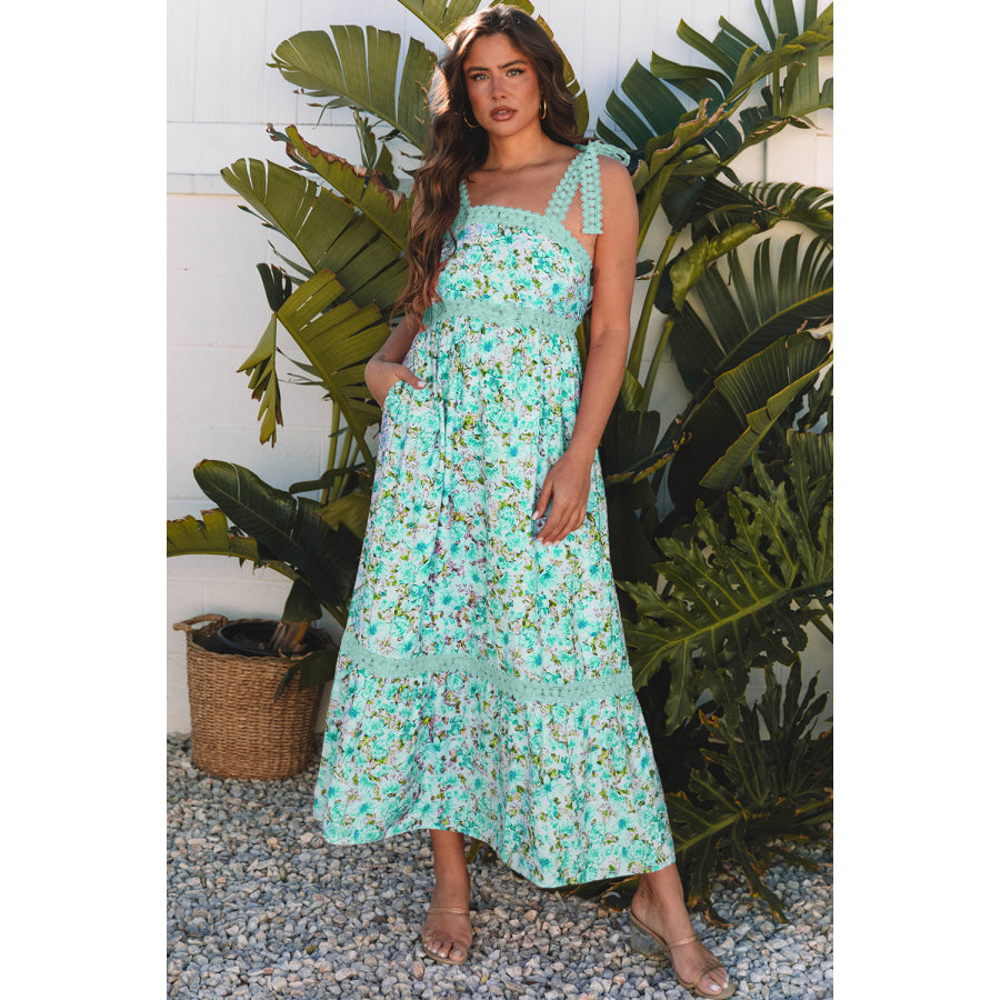 Rose Floral Lace Tied Strap Empire Waist Maxi Dress Green / S / 80% Viscose + 20% Polyamide Dresses/Floral Dresses