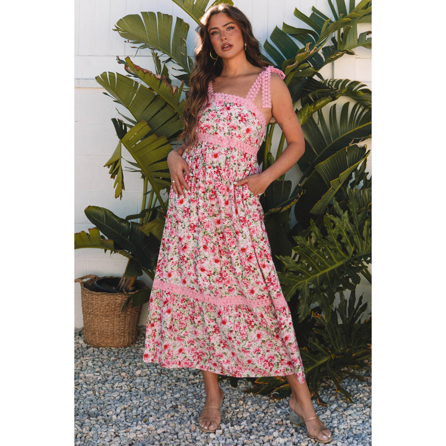 Rose Floral Lace Tied Strap Empire Waist Maxi Dress Pink / S / 80% Viscose + 20% Polyamide Dresses/Floral Dresses