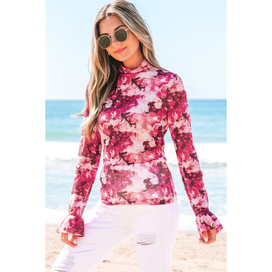Rose Floral Mesh Flounce Sleeve Mock Neck Blouse Sale (50% OFF)/Sale (50% OFF)