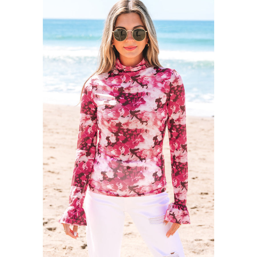 Rose Floral Mesh Flounce Sleeve Mock Neck Blouse Sale (50% OFF)/Sale (50% OFF)