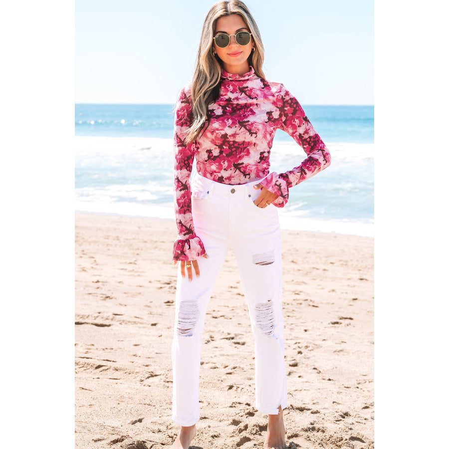 Rose Floral Mesh Flounce Sleeve Mock Neck Blouse Sale (50% OFF)/Sale (50% OFF)