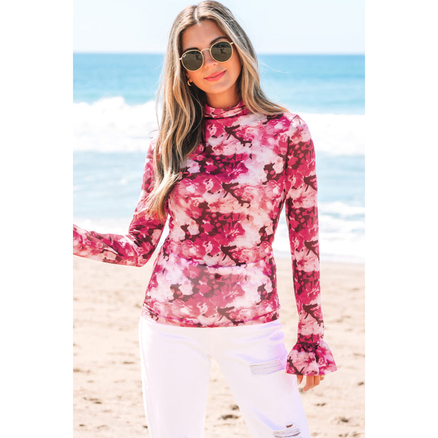 Rose Floral Mesh Flounce Sleeve Mock Neck Blouse Sale (50% OFF)/Sale (50% OFF)