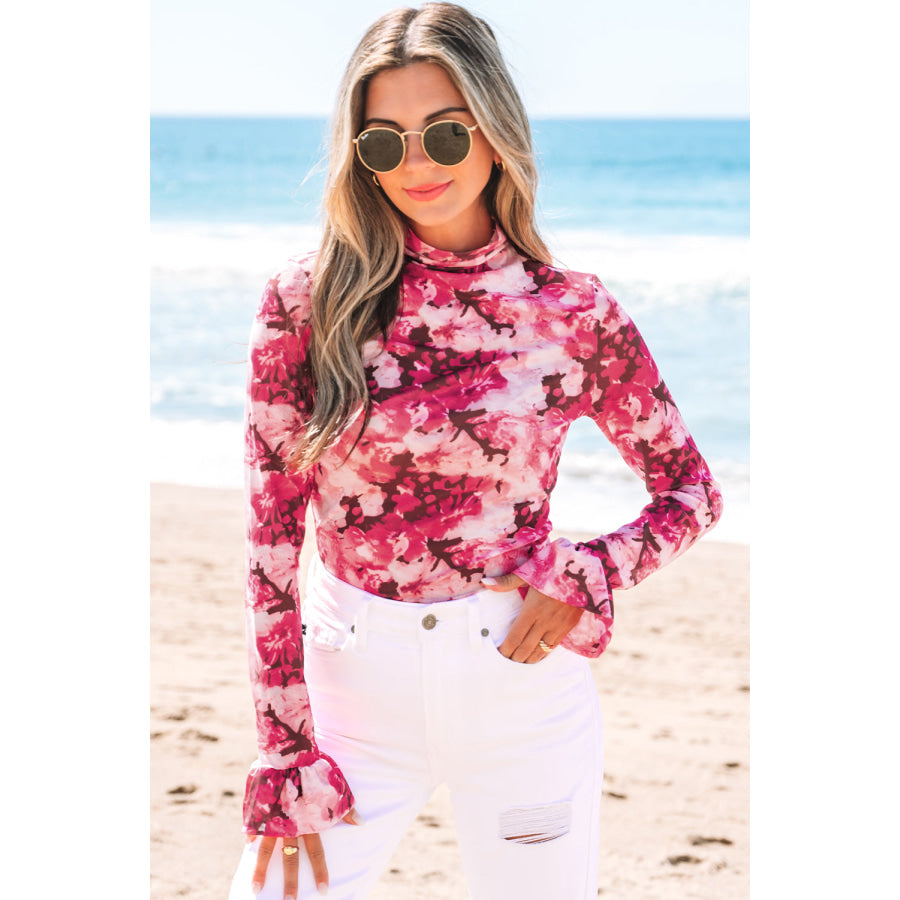 Rose Floral Mesh Flounce Sleeve Mock Neck Blouse Sale (50% OFF)/Sale (50% OFF)