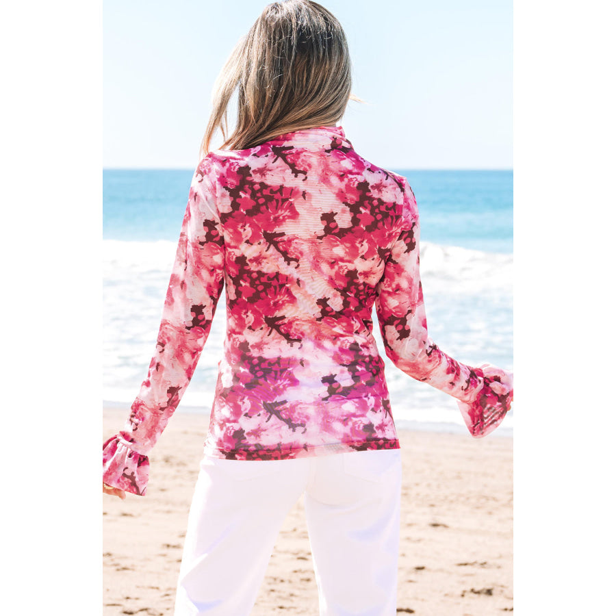 Rose Floral Mesh Flounce Sleeve Mock Neck Blouse Sale (50% OFF)/Sale (50% OFF)