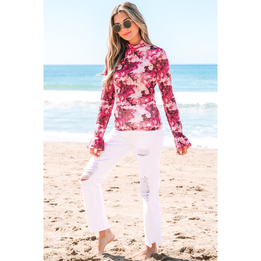 Rose Floral Mesh Flounce Sleeve Mock Neck Blouse Sale (50% OFF)/Sale (50% OFF)