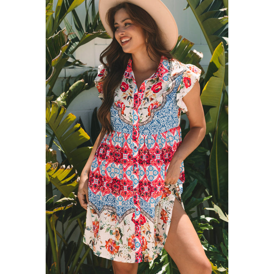 Rose Floral Mixed Pattern Ruffle Flutter Sleeve Buttoned Dress Dresses/Floral Dresses