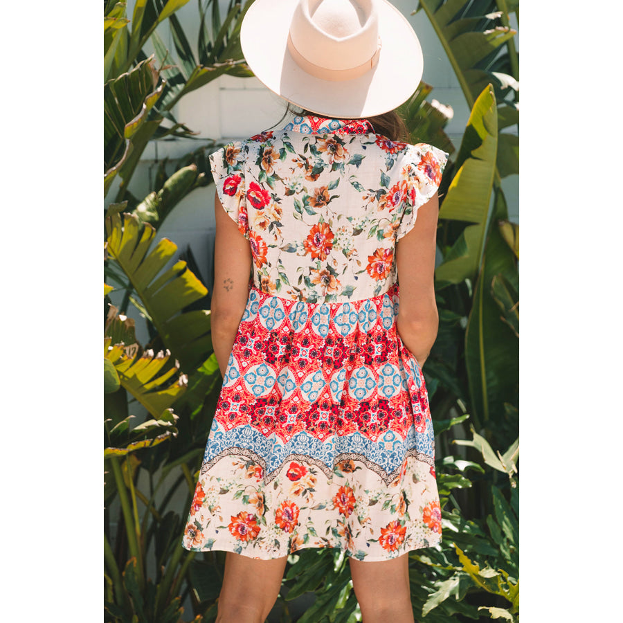 Rose Floral Mixed Pattern Ruffle Flutter Sleeve Buttoned Dress Dresses/Floral Dresses