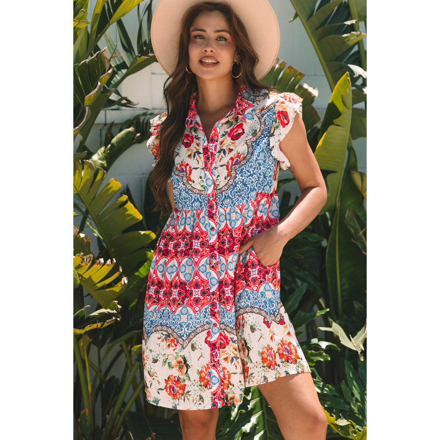 Rose Floral Mixed Pattern Ruffle Flutter Sleeve Buttoned Dress Rose / S / 100% Polyester Dresses/Floral Dresses