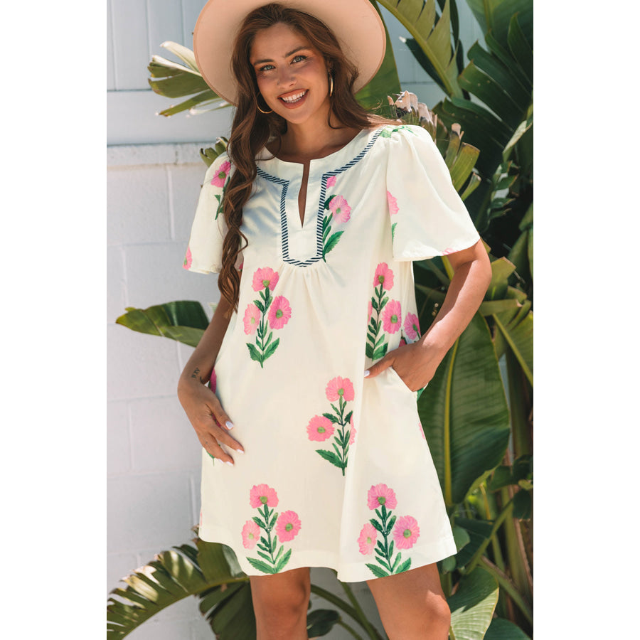 Rose Floral Short Sleeve Split Neck Loose Mini Dress Apricot / S / 100% Polyester Dresses/Floral Dresses