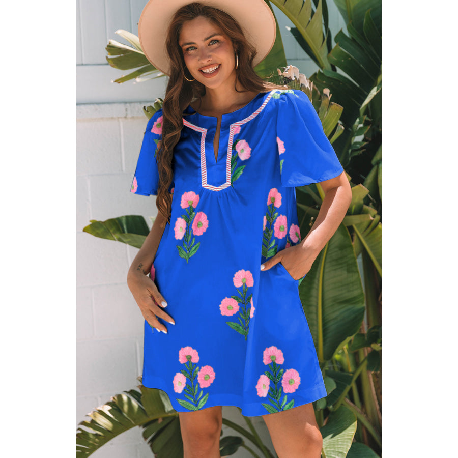 Rose Floral Short Sleeve Split Neck Loose Mini Dress Blue / S / 100% Polyester Dresses/Floral Dresses