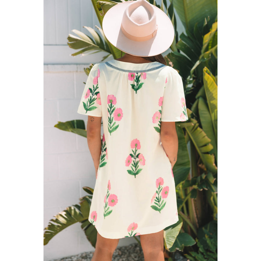 Rose Floral Short Sleeve Split Neck Loose Mini Dress Dresses/Floral Dresses