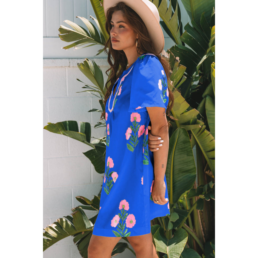 Rose Floral Short Sleeve Split Neck Loose Mini Dress Dresses/Floral Dresses