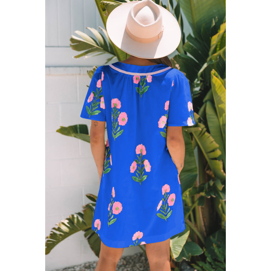 Rose Floral Short Sleeve Split Neck Loose Mini Dress Dresses/Floral Dresses