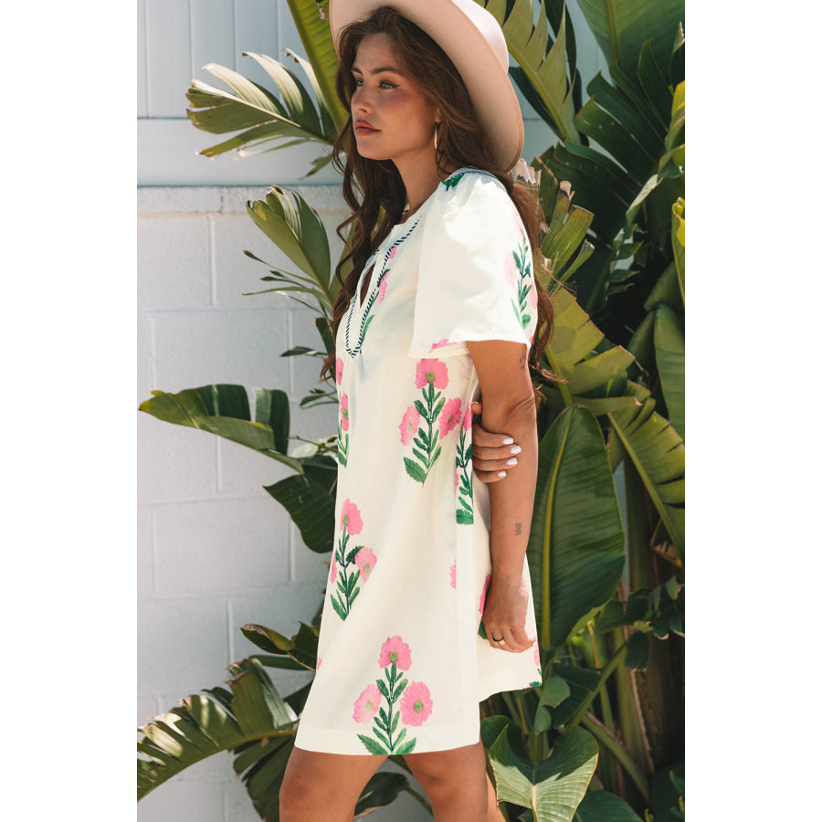 Rose Floral Short Sleeve Split Neck Loose Mini Dress Dresses/Floral Dresses